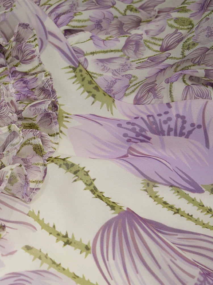 PURPLE FLORAL PUFF SLEEVE MIDI DRESS FOR WEDDING