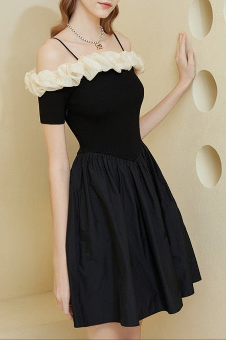 OFF-SHOULDER RUFFLE MINI DRESS, BLACK, PARTY