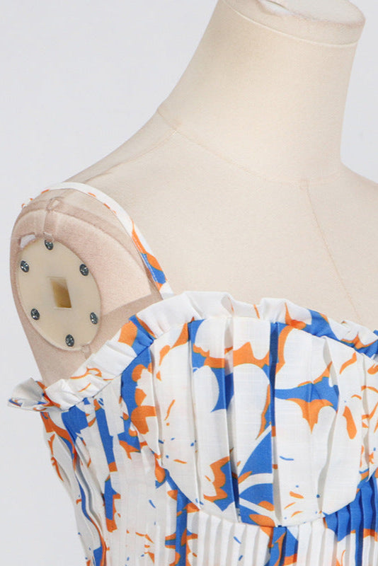 PLEATED FLORAL BUSTIER TOP & SKIRT SET, BLUE, BEACH