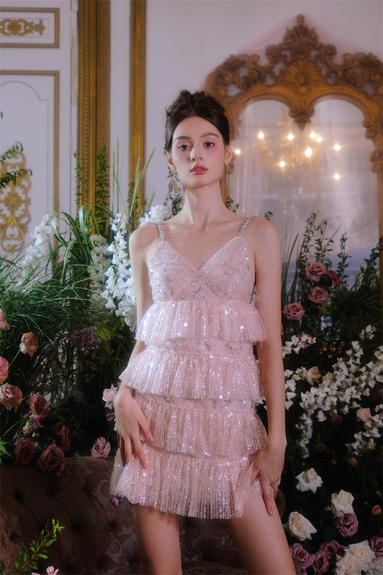 PINK SLEEVELESS SEQUIN RUFFLE SHORT PARTY DRESS