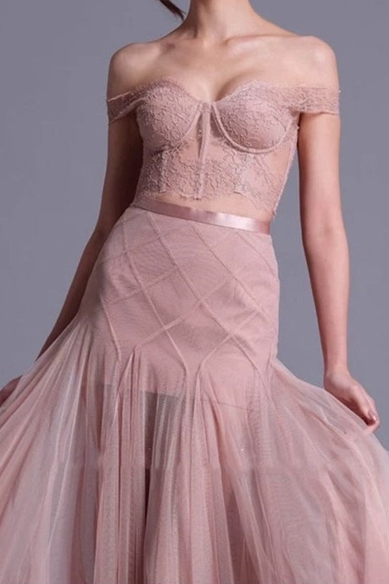 FLORAL LACE OFF-SHOULDER BUSTIER CORSET SET, PINK