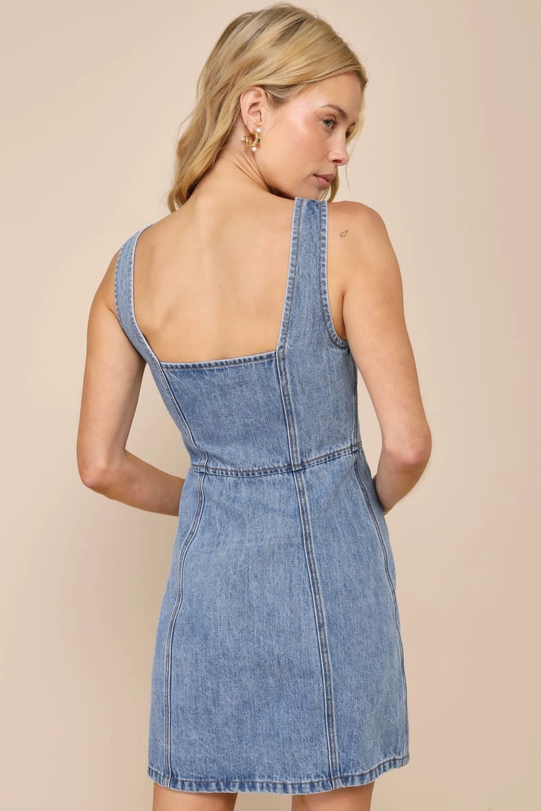 DENIM SQUARE NECK SUSPENDER SLIM MINI DRESS