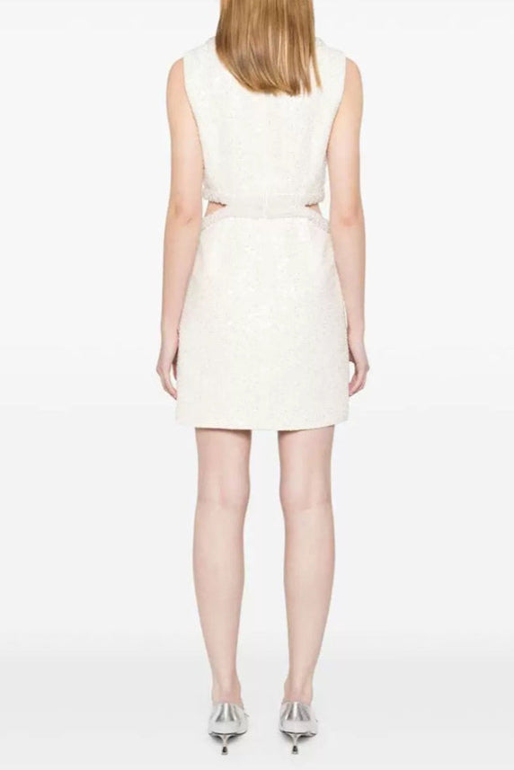 CUT-OUT CREAM BOUCLE PEARL MINI DRESS