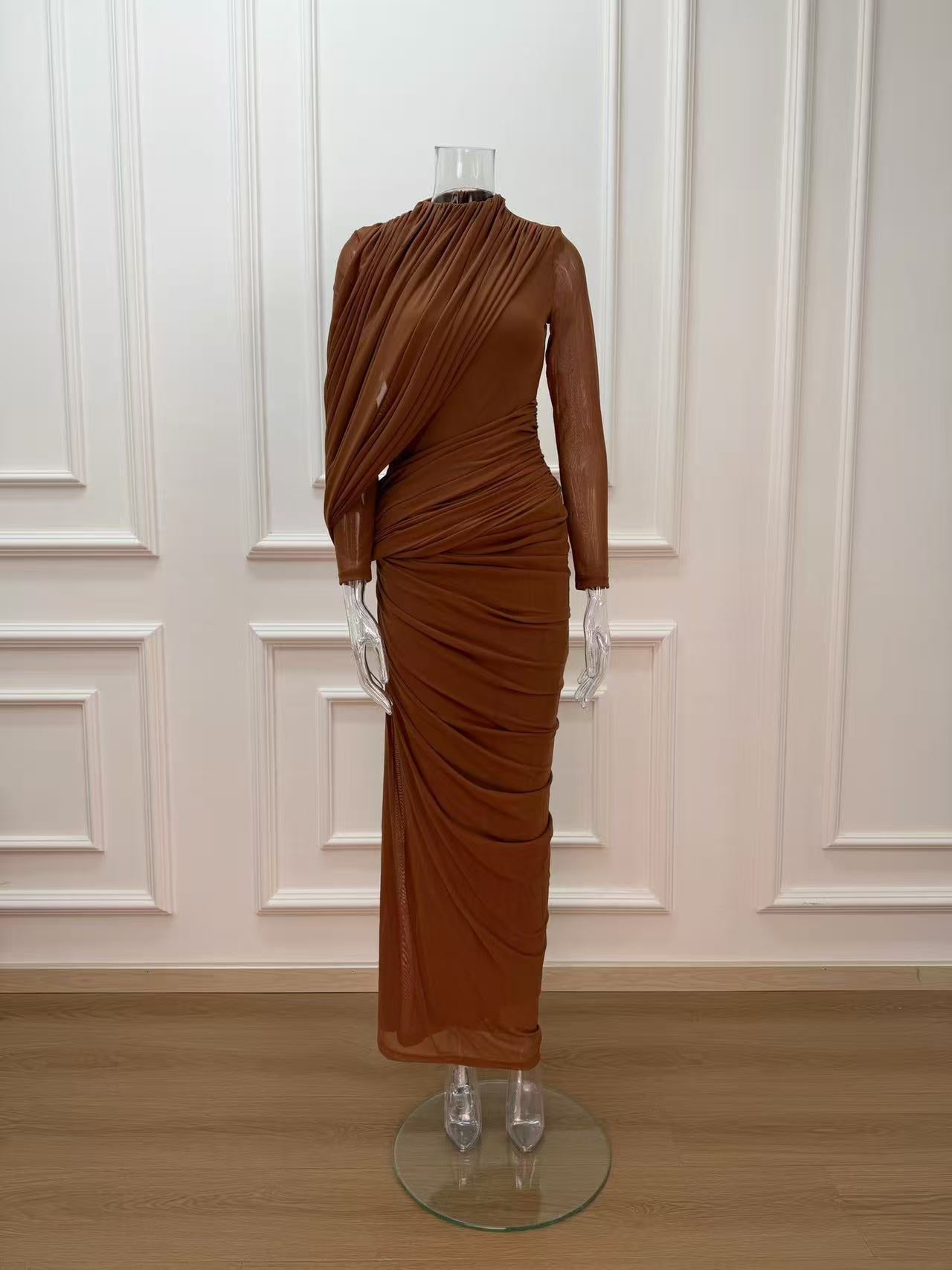 LIZ HIGH NECK DRAPE MAXI DRESS BROWN