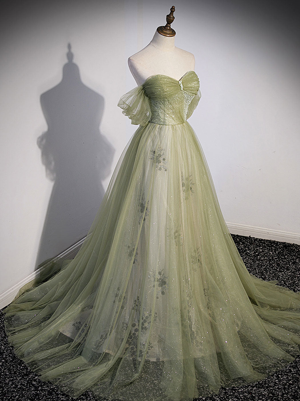A-LINE GREEN TULLE MAXI DRESS FOR PARTY