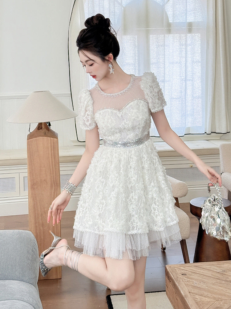WHITE LACE SEQUIN PUFF SLEEVE MINI DRESS