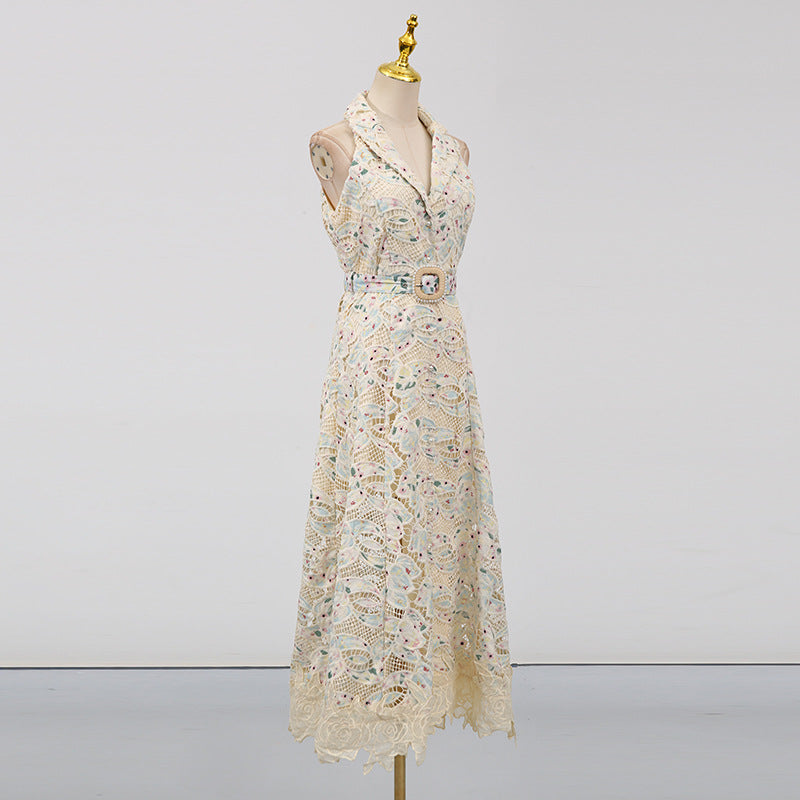 CHLOE SLEEVELESS LACE MAXI DRESS, BEIGE HOLLOW WEDDING GUEST