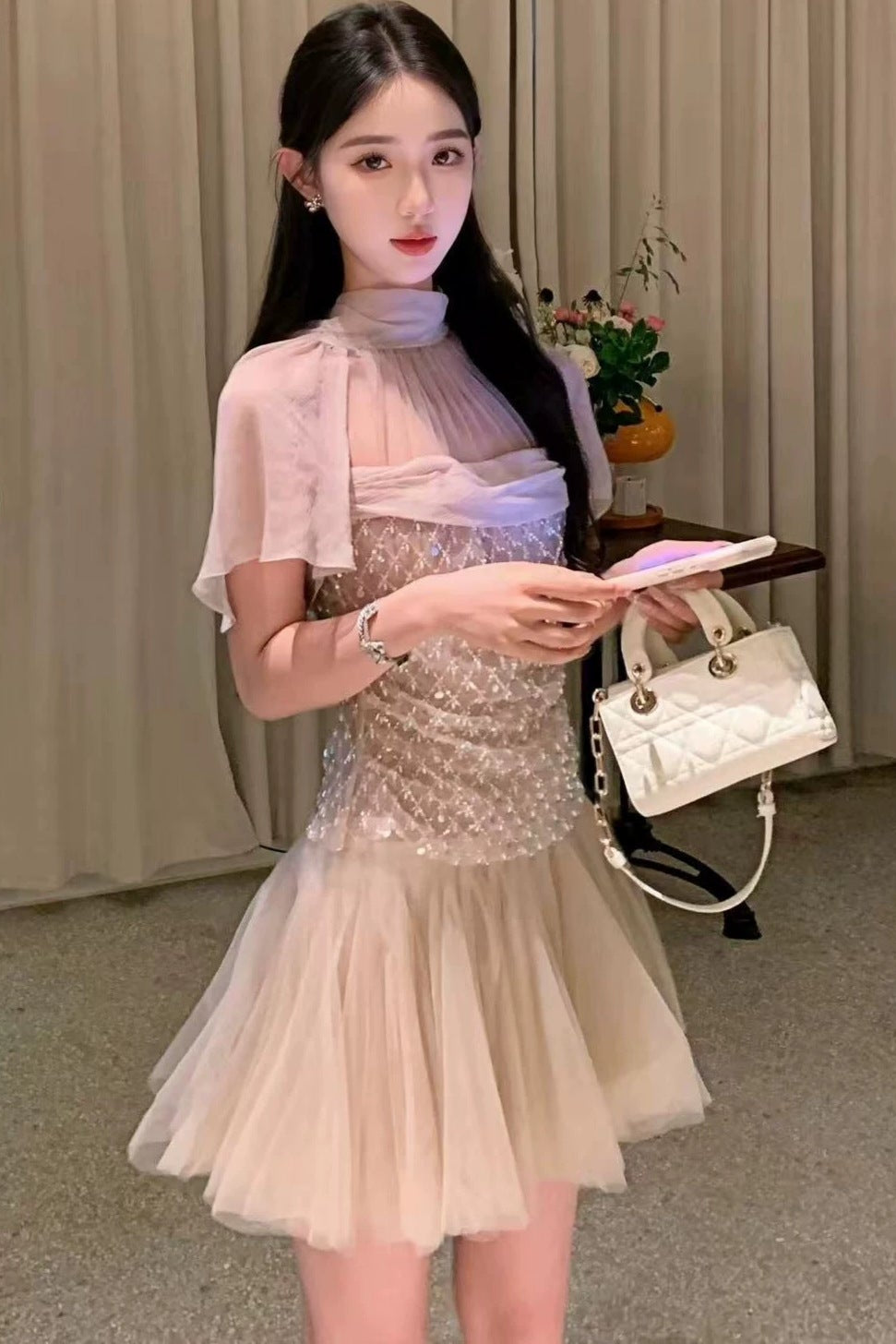 SHEER MESH RHINESTONE TULLE MINI PARTY DRESS