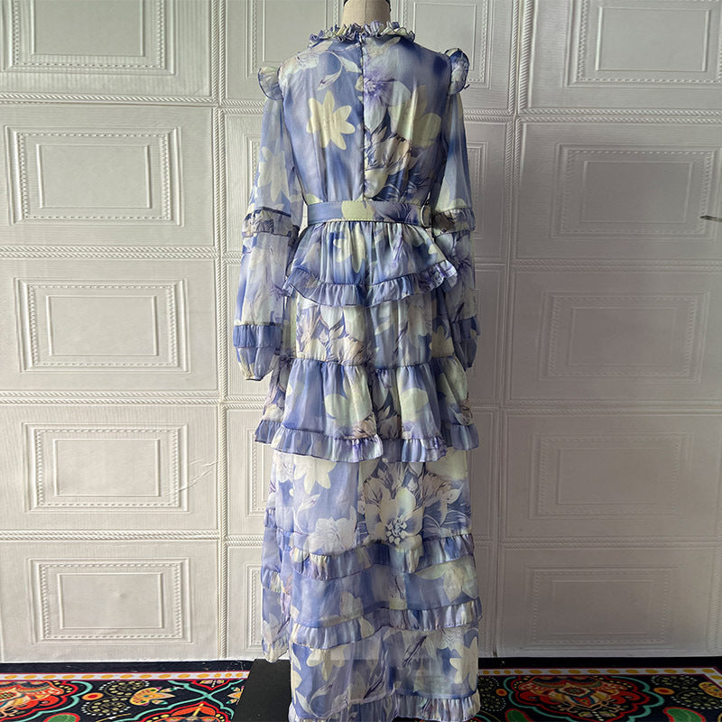 ALYSSA PURPLE FLORAL RUFFLE MAXI DRESS WITH BELT