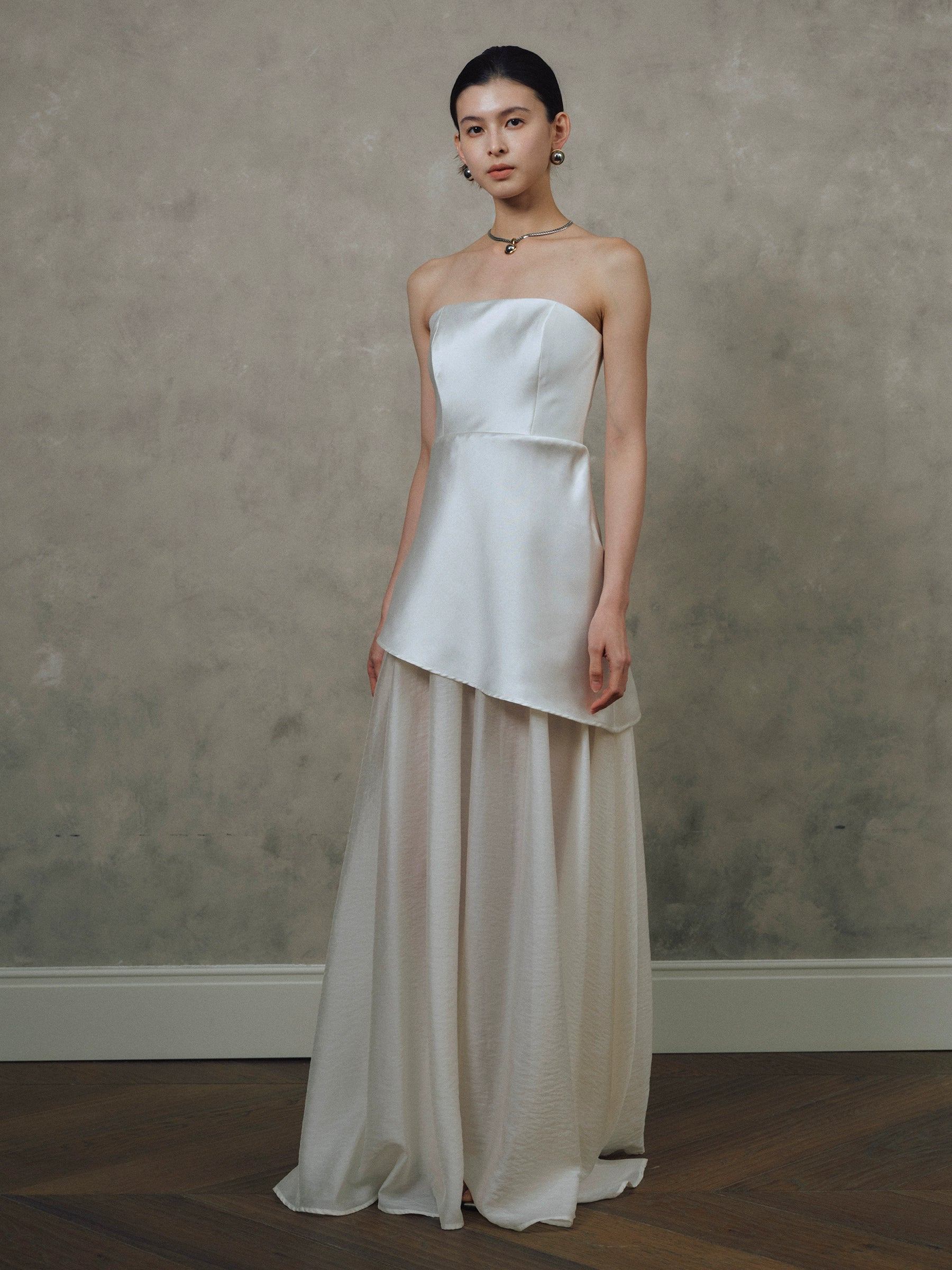SATIN TULLE STRAPLESS MAXI DRESS WHITE WEDDING