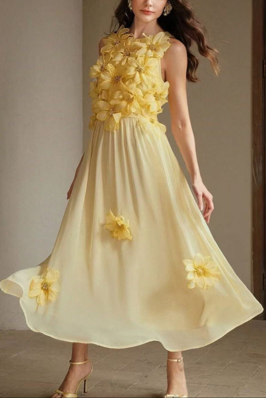 3D FLOWER SLEEVELESS YELLOW MAXI DRESS FOR WEDDING GUEST