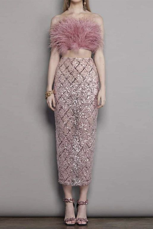 AUDREY PINK FEATHER TOP SEQUIN MIDI SKIRT SET