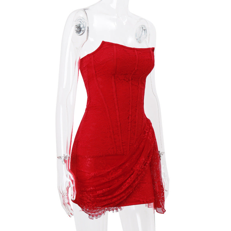 RED STRAPLESS LACE CORSET TUBE MINI DRESS FOR PARTY