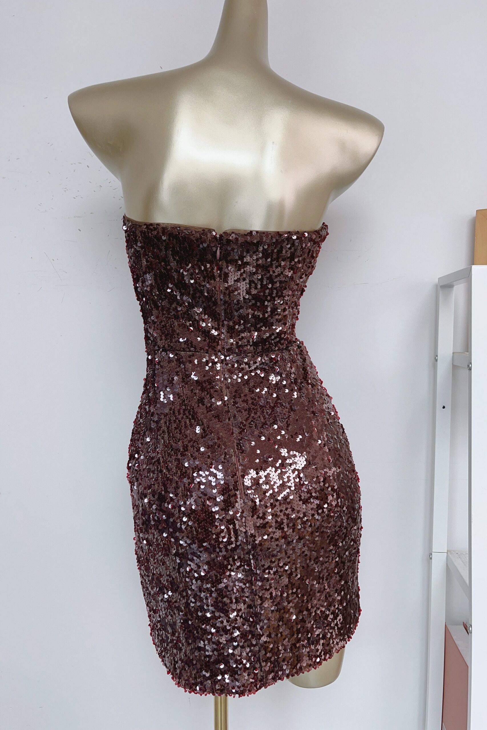 STRAPLESS BURGUNDY SEQUIN MINI DRESS, COCKTAIL PARTY
