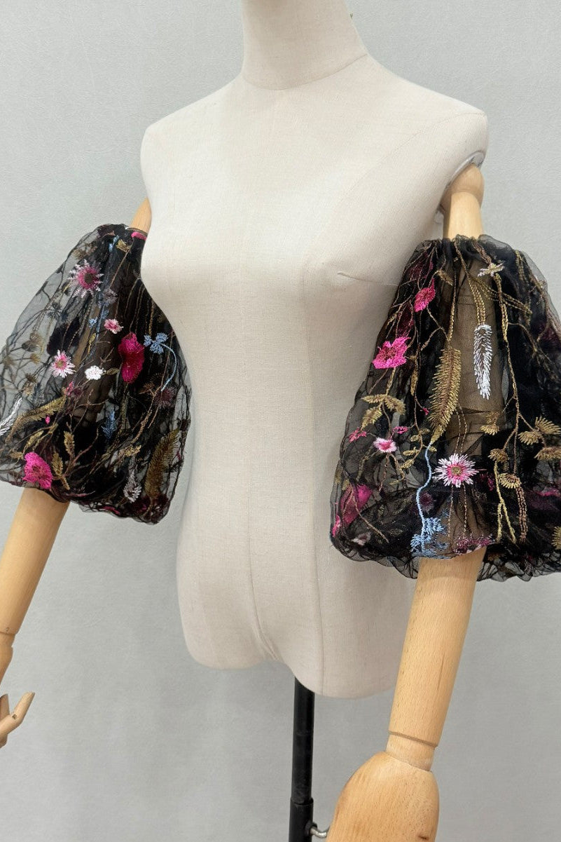 BLACK SHEER TULLE FLORAL EMBROIDERY PUFF CUFF BOHO