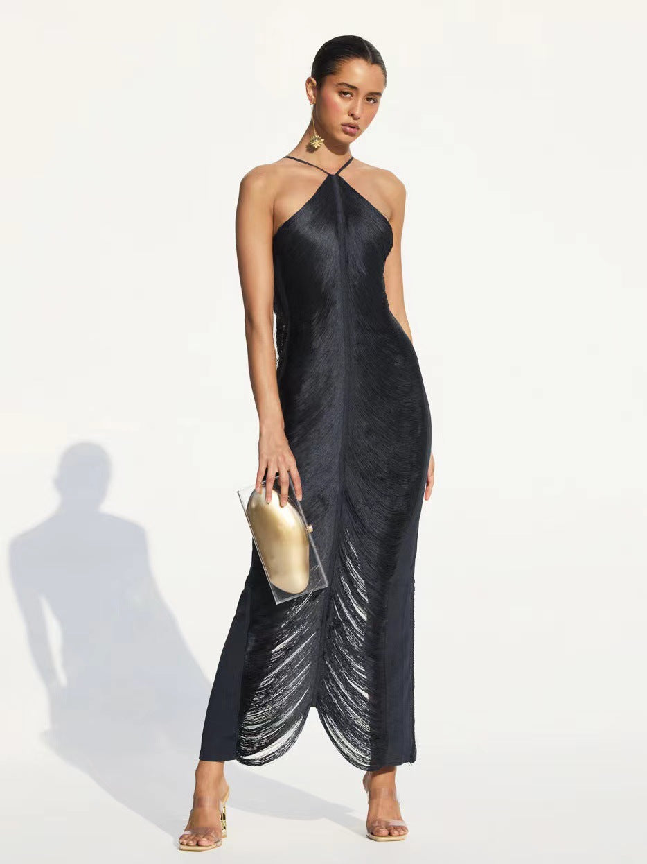 TASSEL BACK SLIT HALTER DRESS FOR PARTY