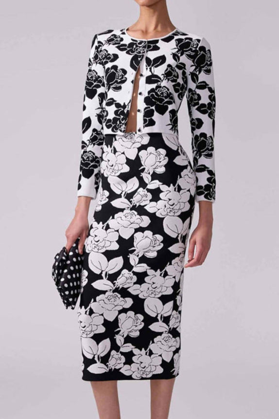 KNIT CARDIGAN SET JACQUARD MIDI PENCIL SKIRT