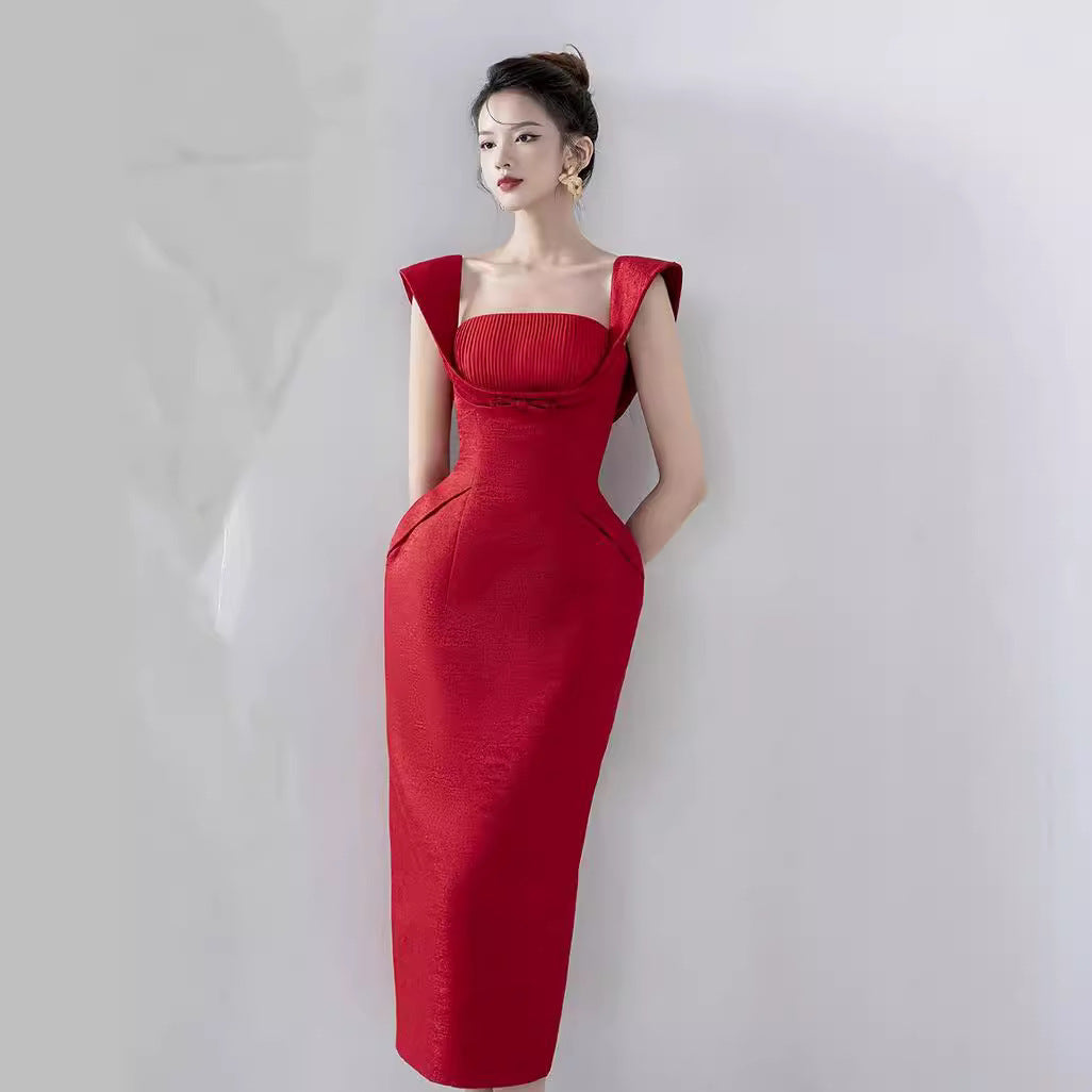 SQUARE NECK BOW MIDI DRESS - RED, DATE NIGHT