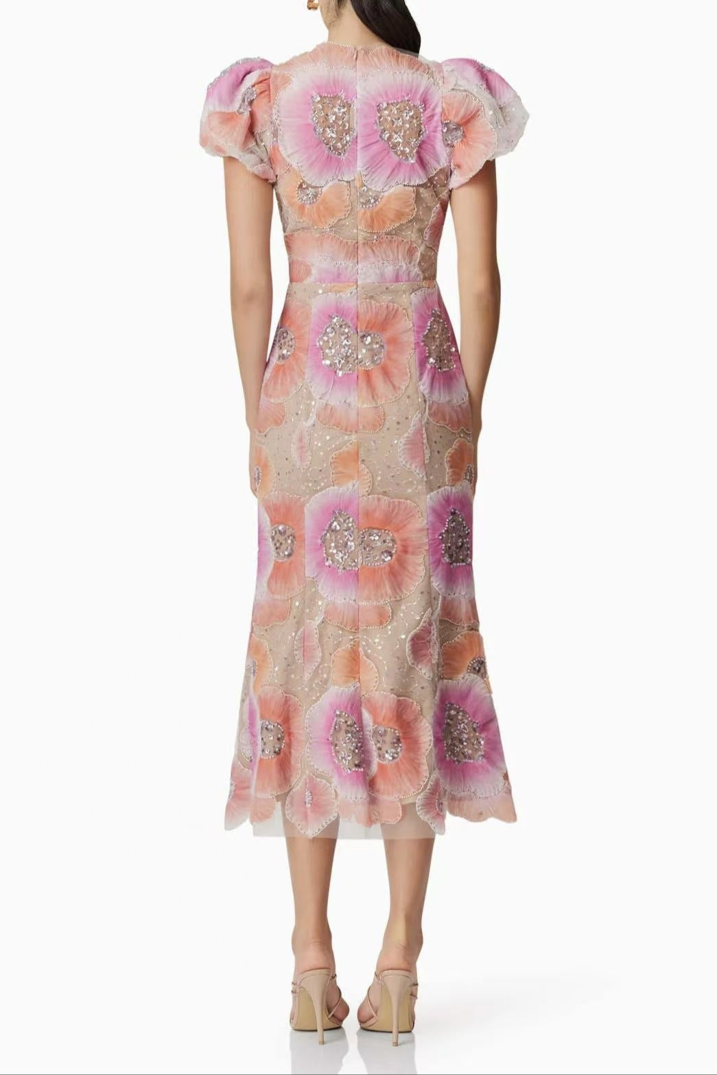 LYDIA PUFF SLEEVE FLORAL MIDI DRESS PINK