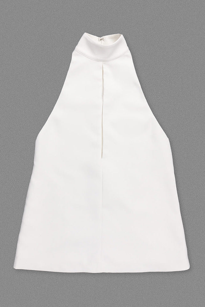 V-NECK BACKLESS HALTER CREPE DRESS - WHITE