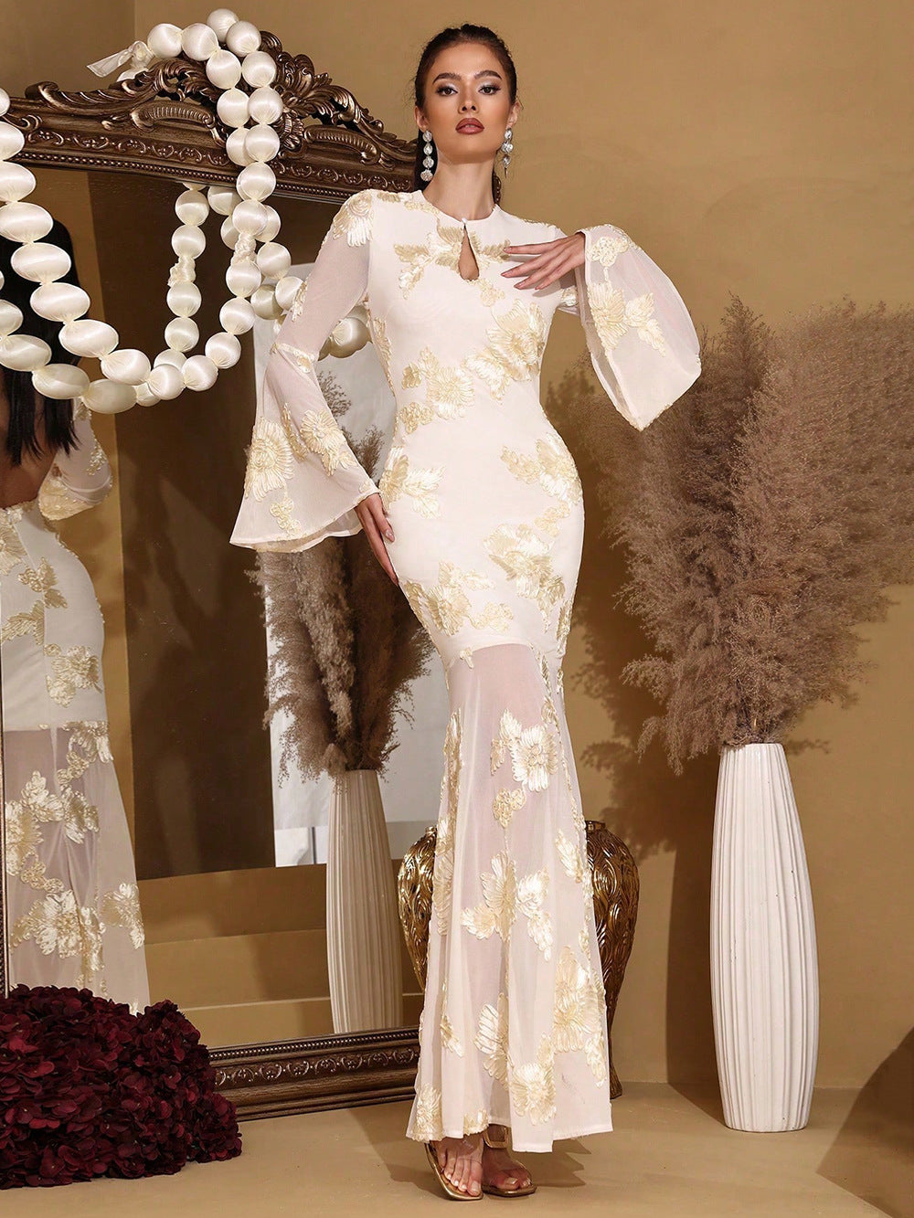 TRUMPET SLEEVE MESH EMBROIDERY BODYCON MAXI DRESS YELLOW