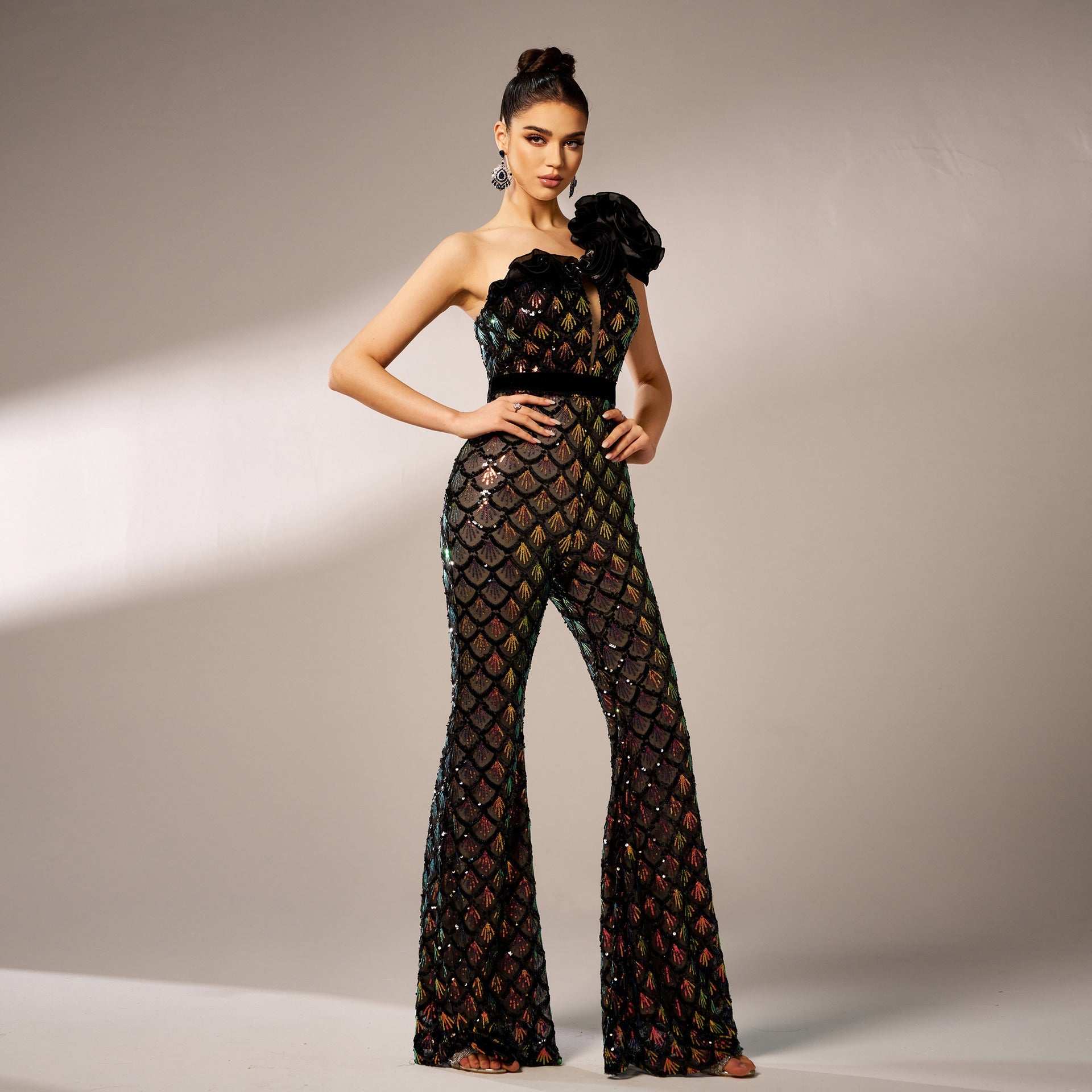 MERMAID SCALE SEQUIN ONE-SHOULDER JUMPSUIT