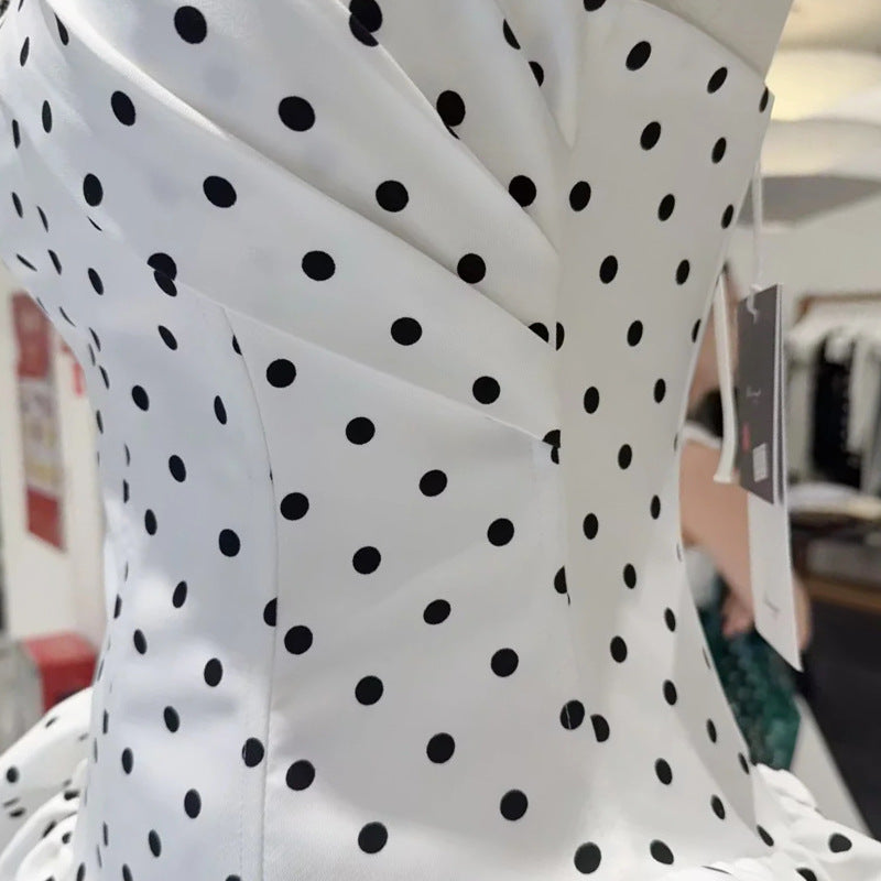 POLKA DOT STRAPLESS CORSET PUFF MINI DRESS WHITE
