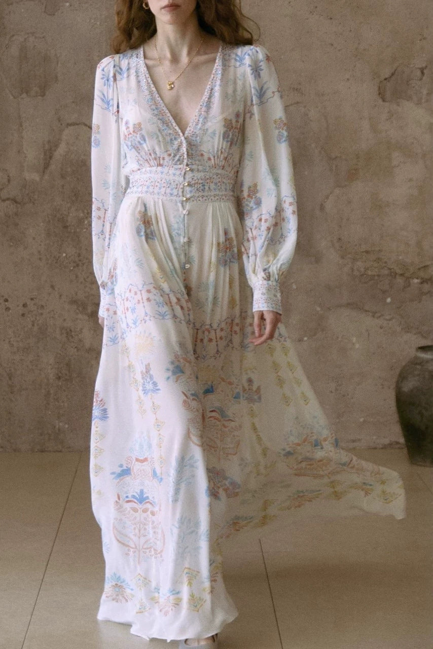 LESLEY PRINTED V-NECK LANTERN SLEEVE SLIT MAXI DRESS - BLUE
