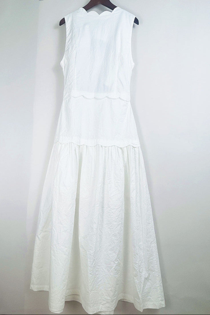 SCALLOP TRIM V-NECK CRINKLED MAXI DRESS ECRU