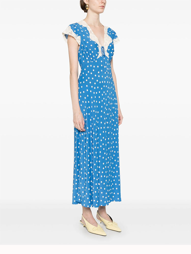 POLKA DOT LACE V-NECK MAXI DRESS IN BLUE