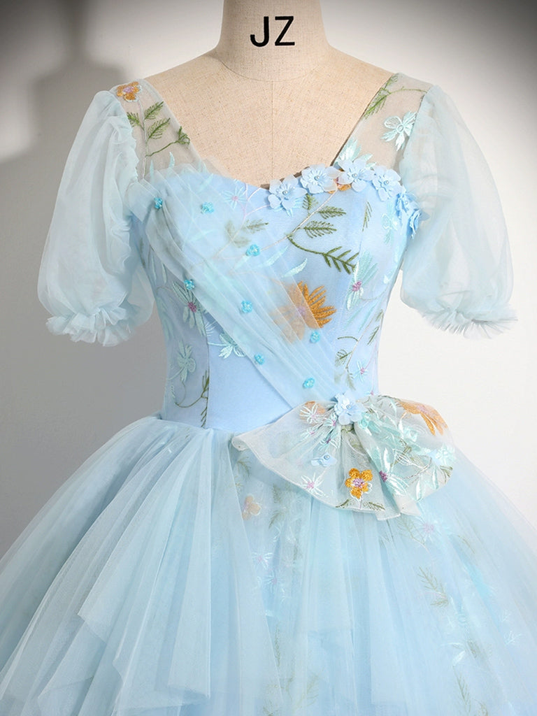 V-NECK TULLE LACE BLUE PROM GOWN