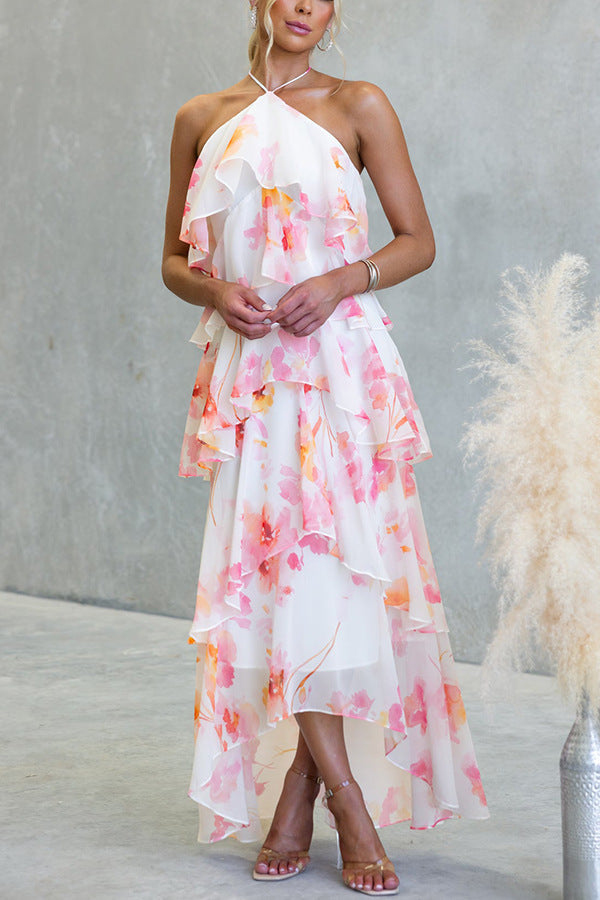 FLORAL RUFFLE HALTER MIDI DRESS - PINK
