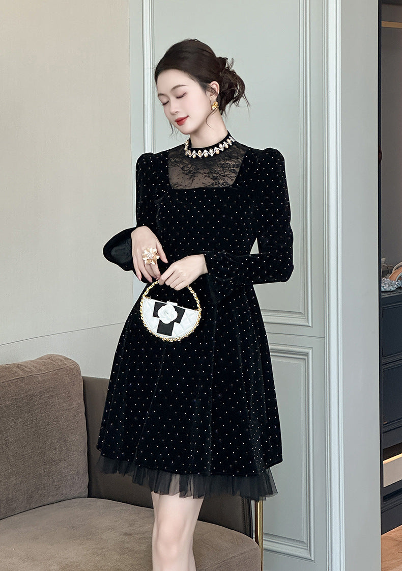 WENDY VELVET POLKA DOT MINI DRESS, BLACK, LONG SLEEVE