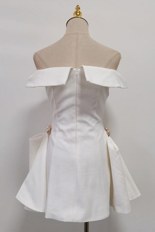 METAL A-LINE OFF-SHOULDER WHITE MINI DRESS
