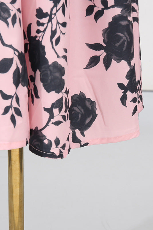 V-NECK SATIN FLORAL MIDI DRESS PINK