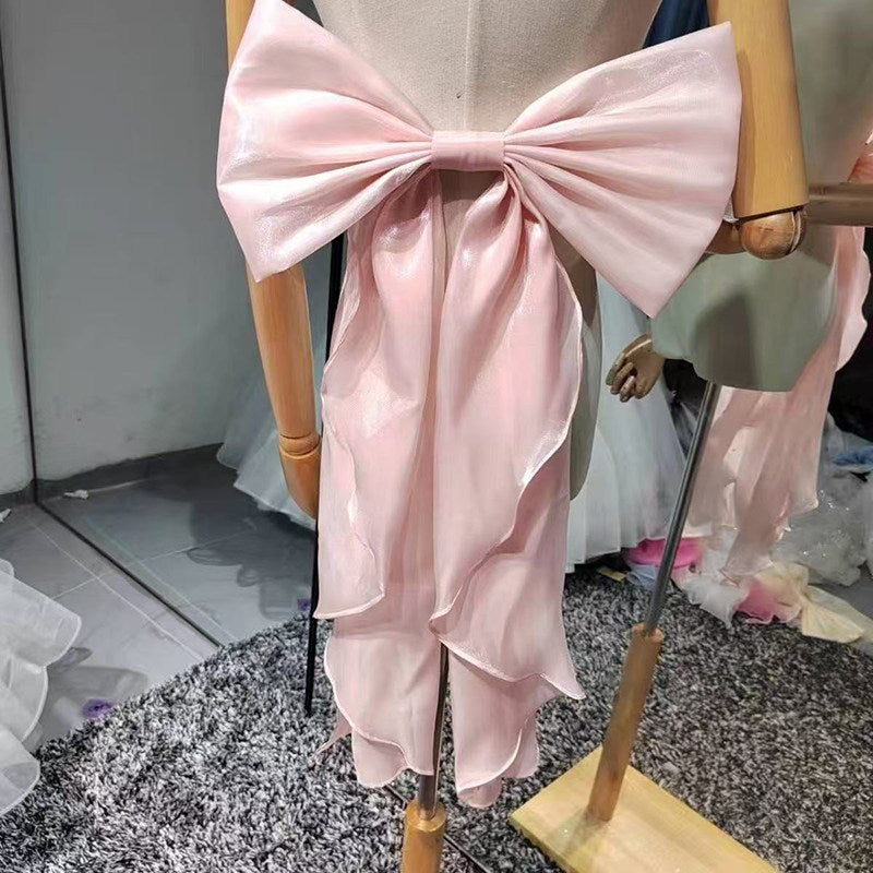 SHIMMER ORGANZA GIANT BOW SASH BACK RUFFLE