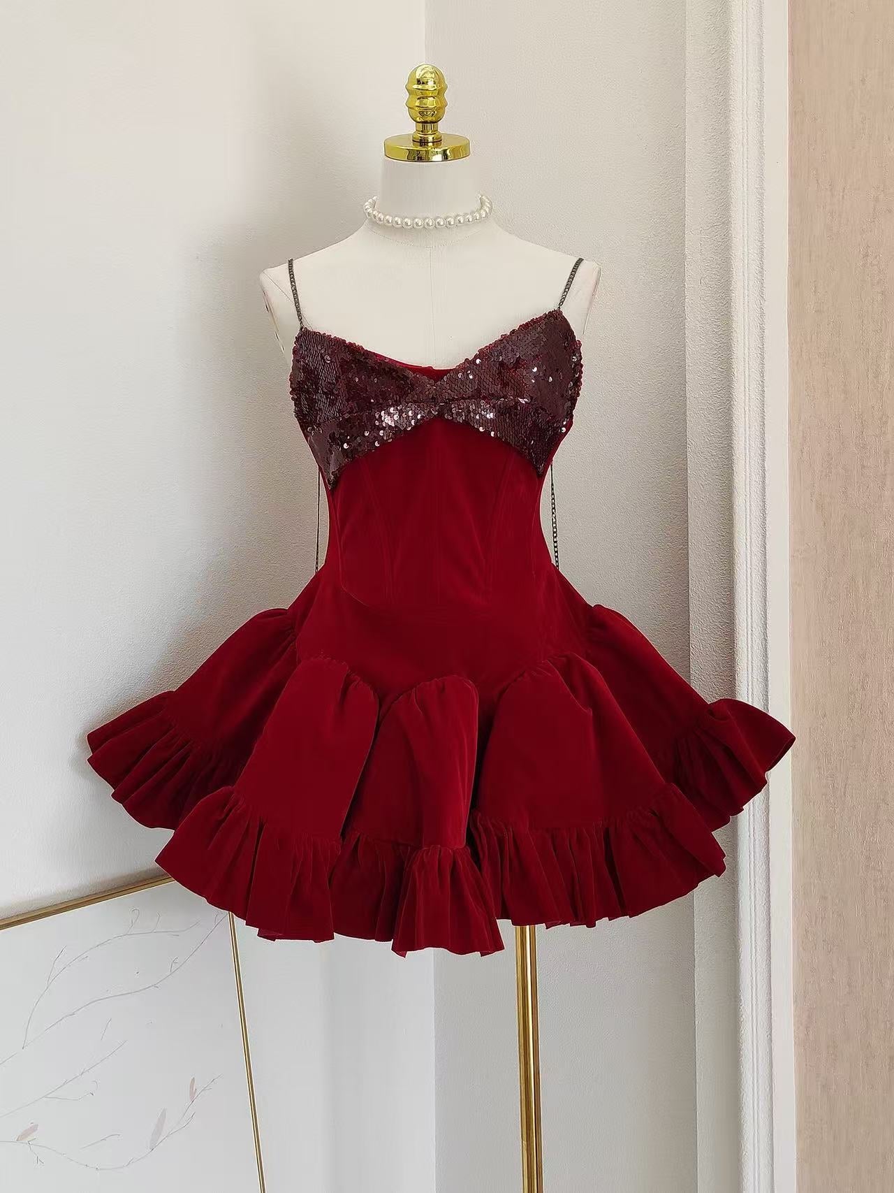 EVANGELINE SEQUIN RED MINI DRESS FOR PARTY