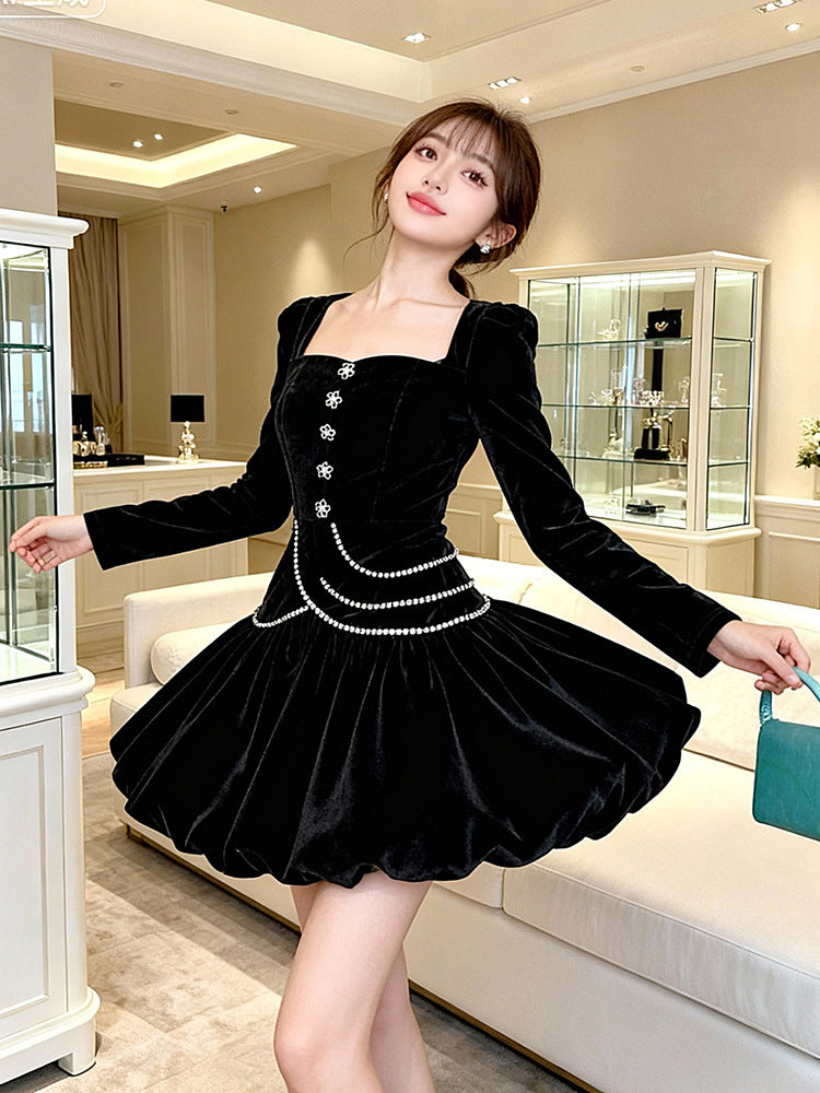 VANESSA BLACK VELVET SQUARE NECK RHINESTONE MINI DRESS
