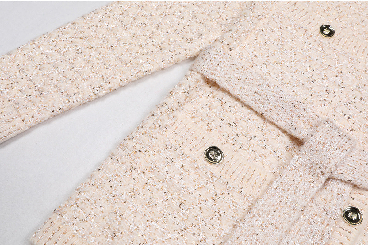 BEIGE SEQUIN V-NECK CARDIGAN FOR EVENING PARTY