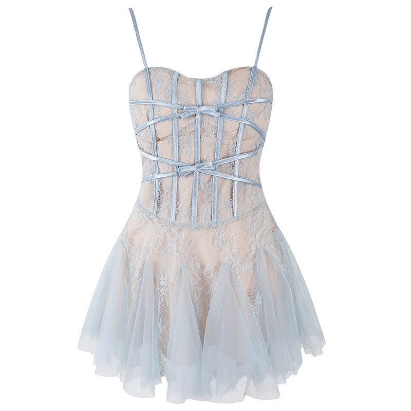 LIGHT BLUE LACE CORSET TULLE MINI DRESS
