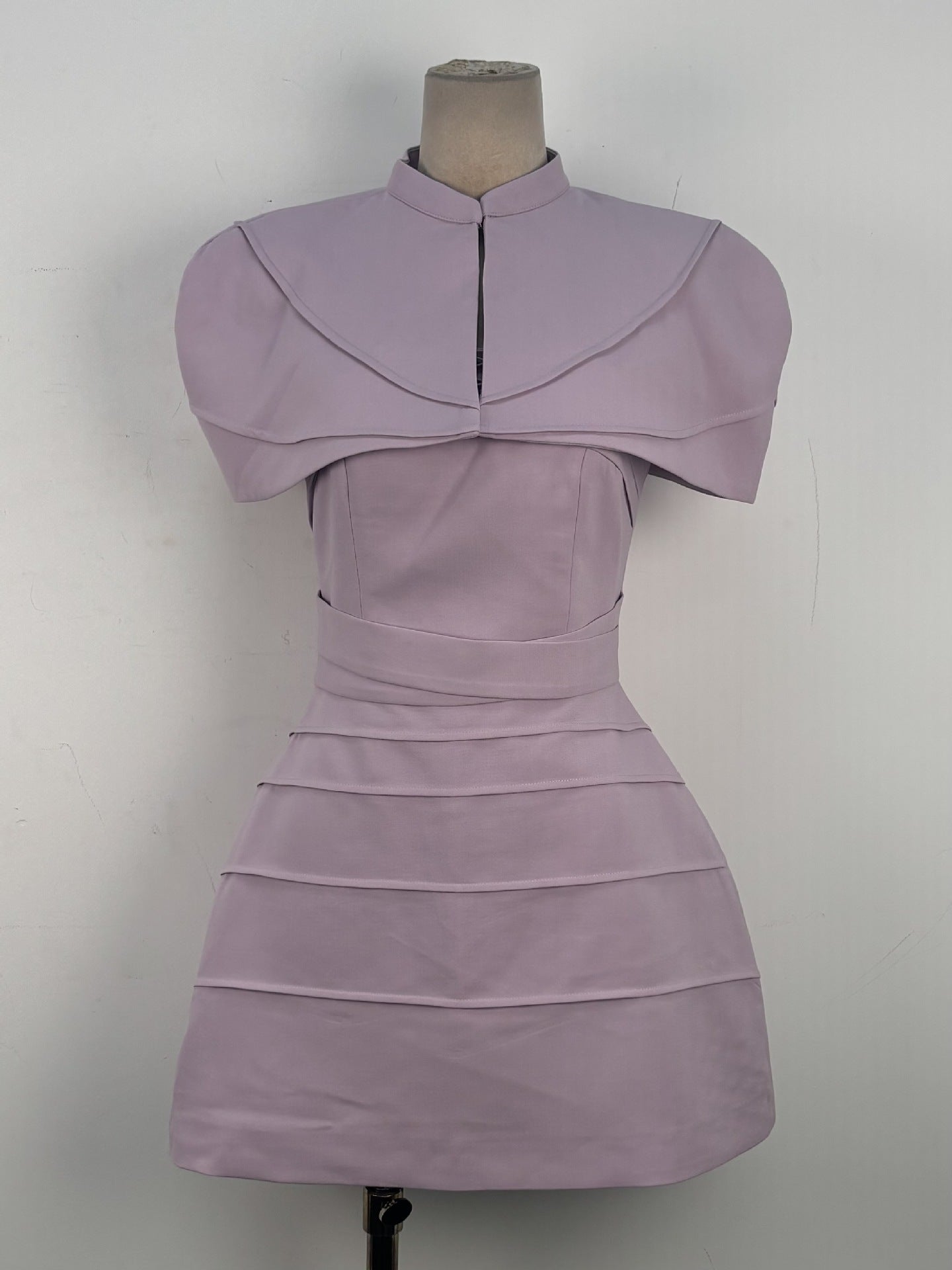 PURPLE PLEATED CAPE MINI DRESS, SPAGHETTI STRAP COCKTAIL