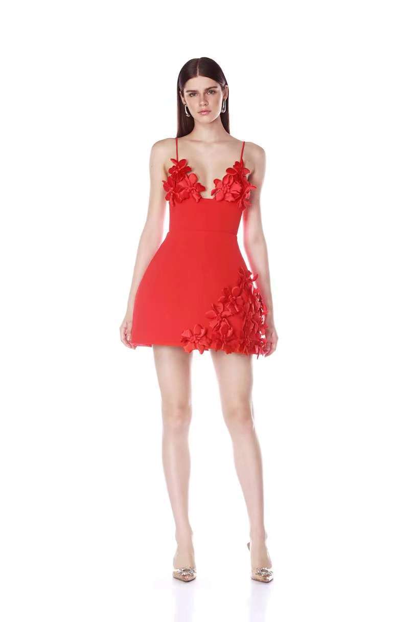 LYUBA RED 3D FLOWER A-LINE MINI PARTY DRESS