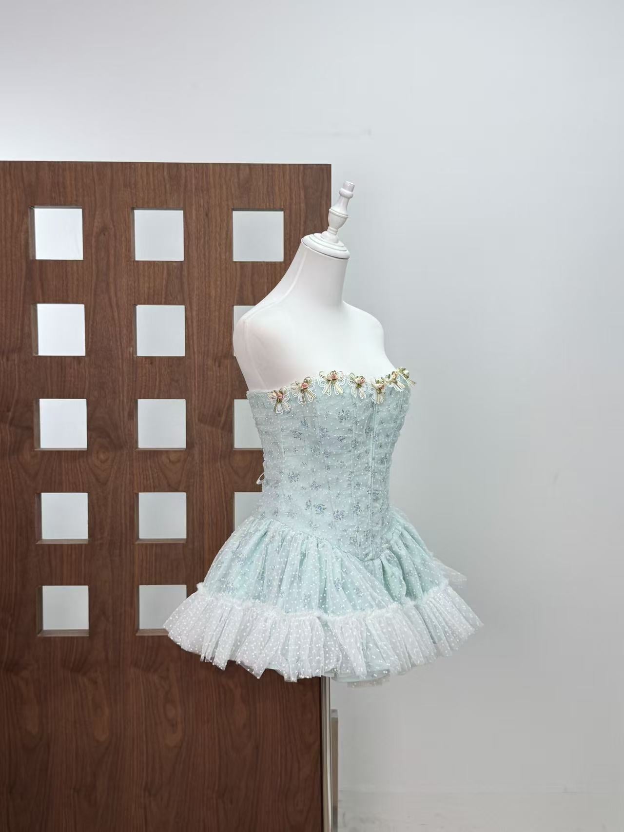 IRENE FLORAL STRAPLESS TULLE MINI DRESS BLUE