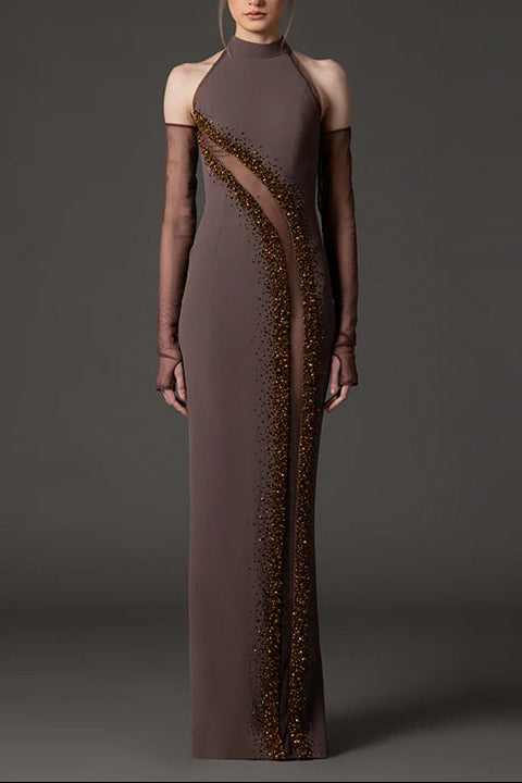 O1CN01ydIG6T1K1gNK766ix__2209082001104-0-cib VIVIEN BROWN BEADED HIGH NECK MAXI DRESS, FORMAL
