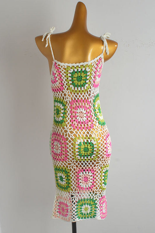 PINK & GREEN GRANNY SQUARE CROCHET MINI DRESS