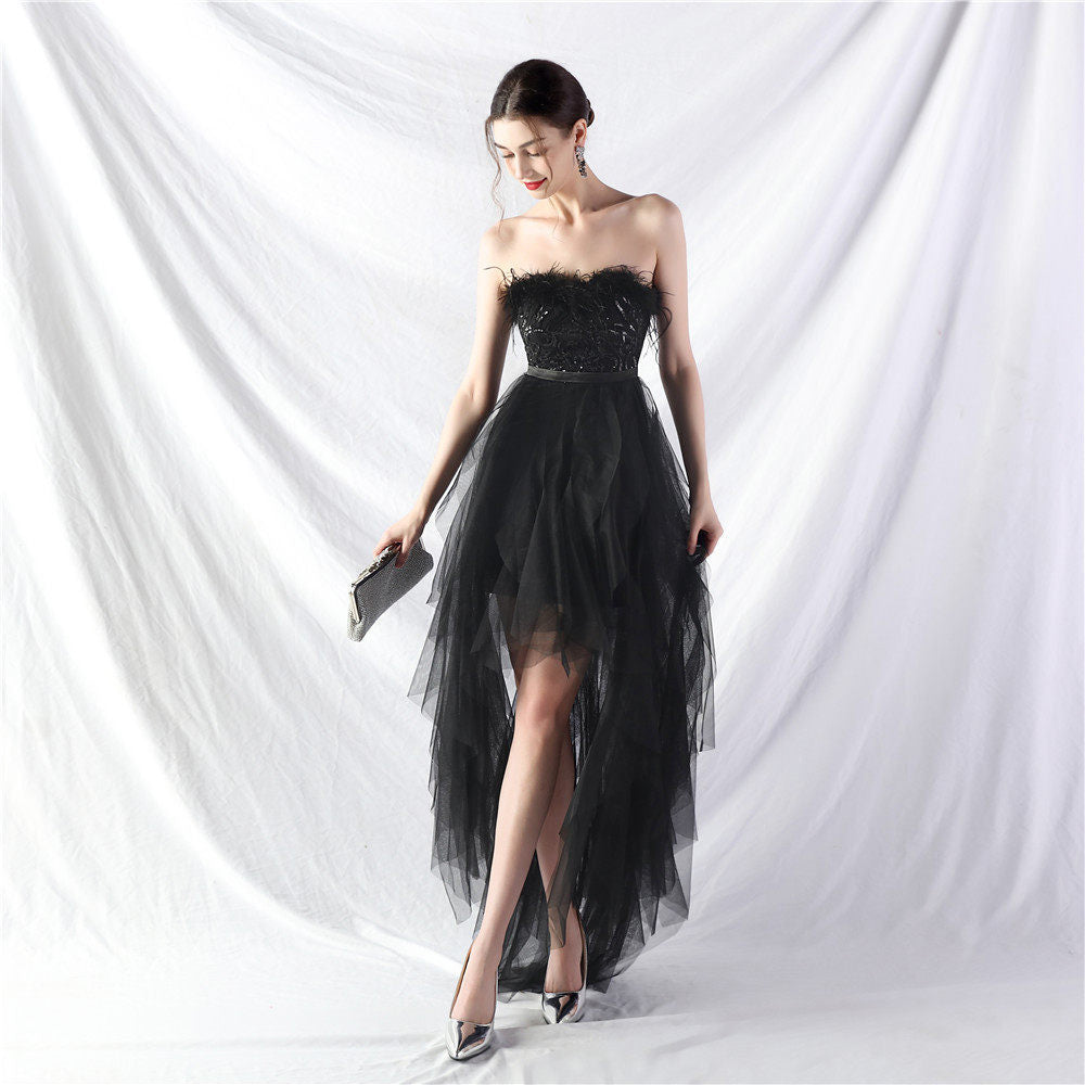 STRAPLESS FEATHER TULLE MIDI DRESS FOR PARTY