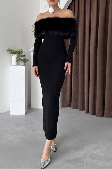 SUSIE FURRY BODYCON MIDI DRESS BLACK PARTY