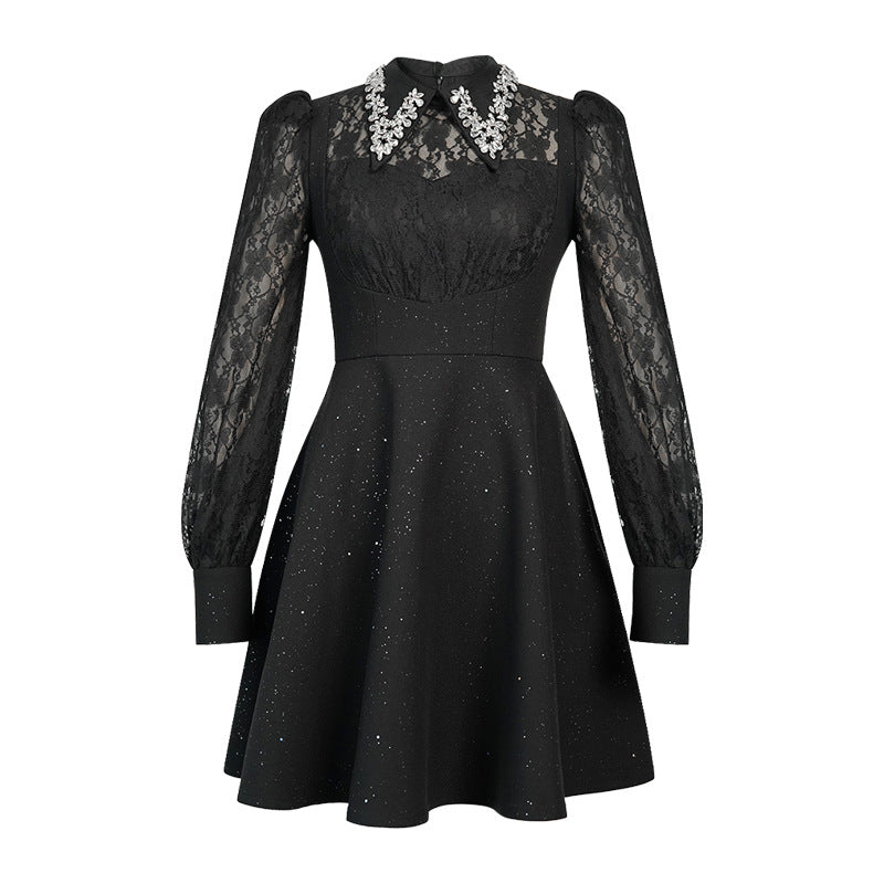 LYNN BLACK RHINESTONE LACE HOLLOW SLEEVE MINI DRESS