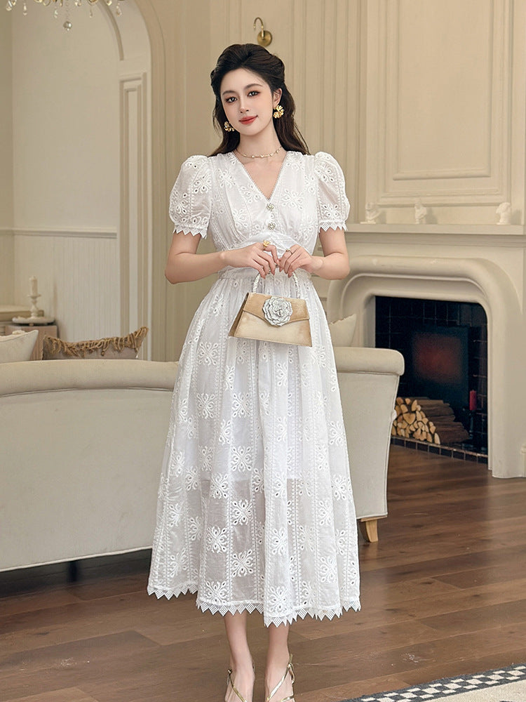 WHITE EYELET PUFF SLEEVE MIDI DRESS FOR SUMMER