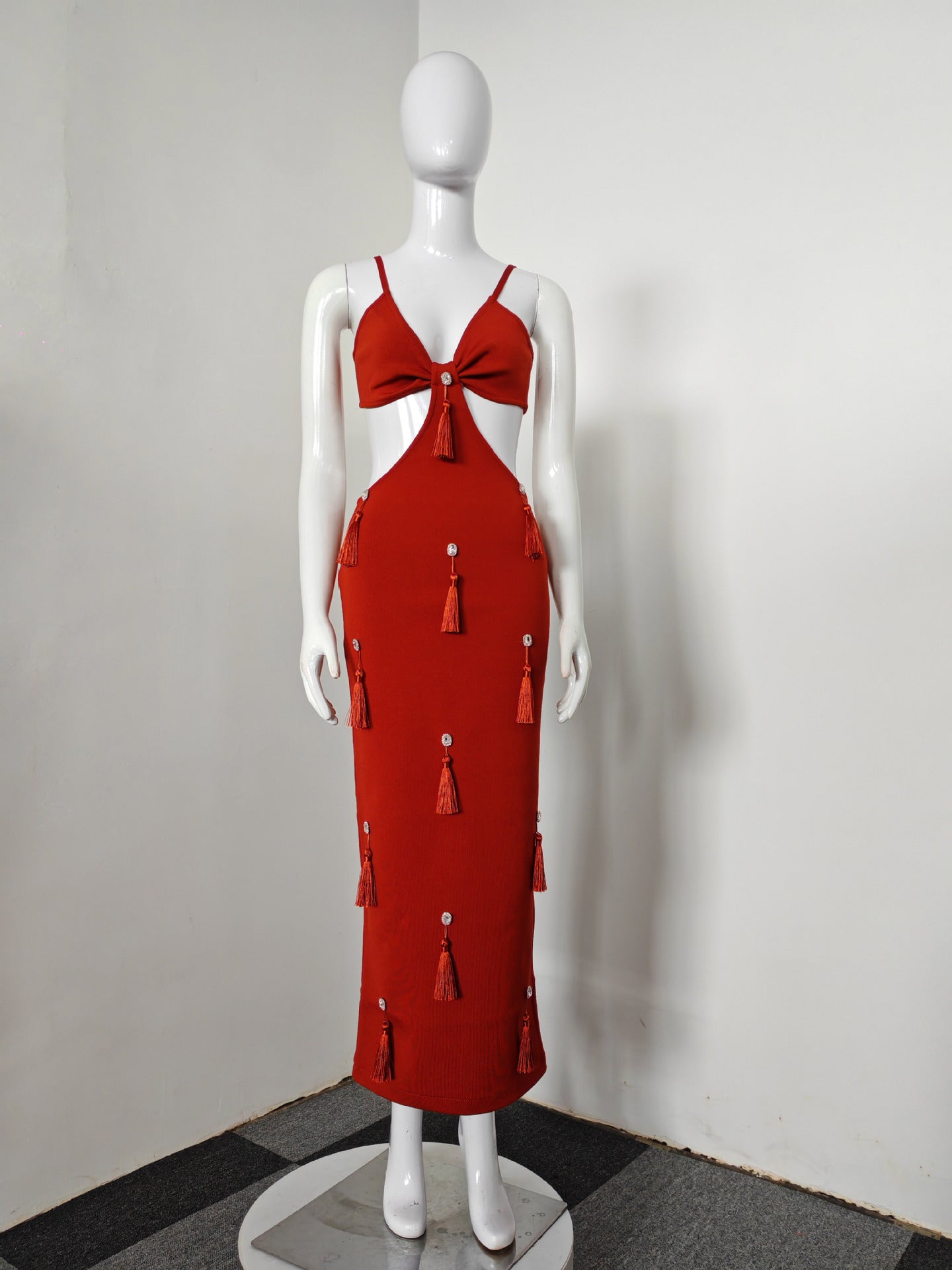 DEEP-V RED BANDAGE MAXI DRESS WITH TASSELS